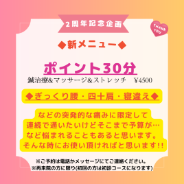 Rie鍼灸治療院 & Sports conditioning room 【再来院】ポイント30分コースのメニュー画像