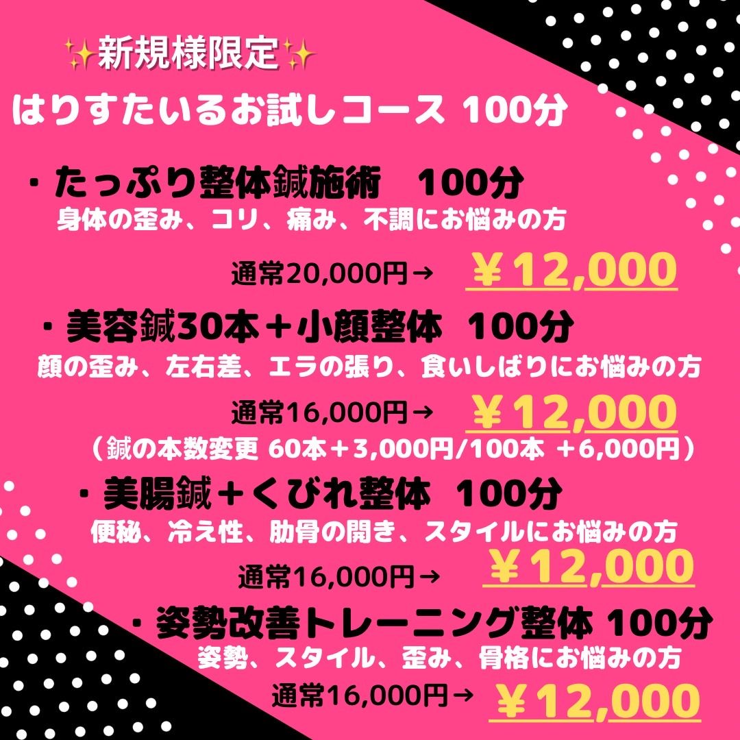 はりすたいる鍼灸院 新規様限定《はりすたいる体験コース》全4種類　全て100分12,000円のメニュー画像