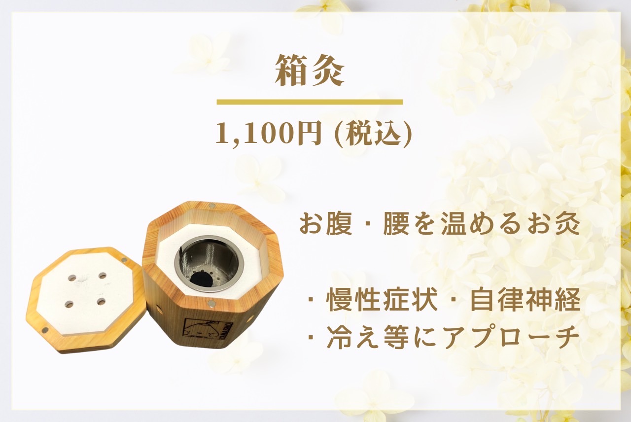 中野区野方鍼灸院のむち鍼 箱灸(冷え・腰痛・慢性症状 等)のメニュー画像