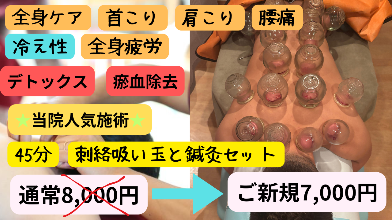 鍼灸治療院　寛ぎ 【ご新規様限定】鍼灸基本治療（鍼灸＋刺絡吸い玉）のメニュー画像