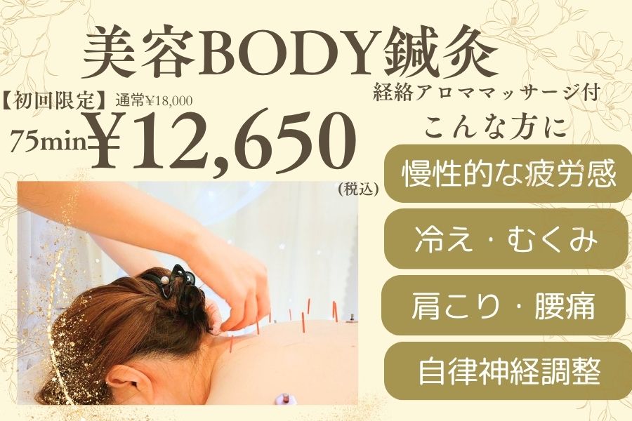【美容鍼専門サロン】瑞‐鍼灸院 【初回限定】美容BODY鍼灸75分　経絡アロママッサージ付★のメニュー画像