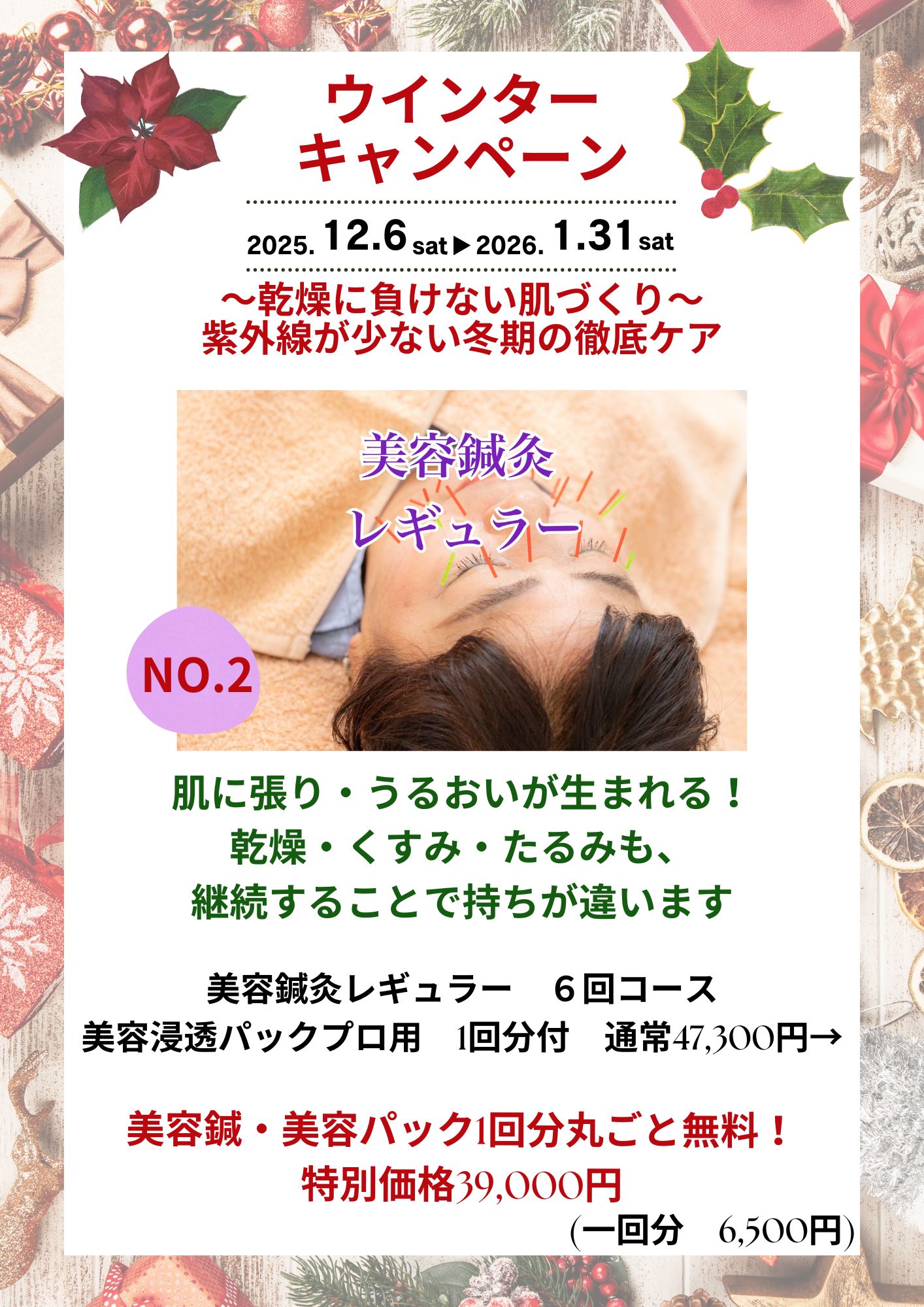 ねこのてはり灸院 美容鍼灸レギュラー＆美容浸透パック１回無料　６回コースのメニュー画像