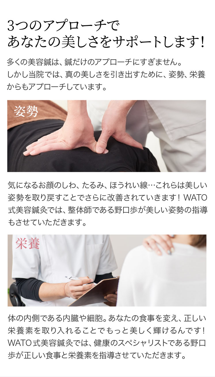 3つのアプローチであなたの美しさをサポートします!多くの美容鍼は、鍼だけのアプローチにすぎません。 しかし当院では、真の美しさを引き出すために、姿勢、栄養からもアプローチしています。気になるお顔のしわ、たるみ、ほうれい線…これらは美しい姿勢を取り戻すことでさらに改善されていきます!WATO式美容鍼灸では、整体師である野口歩が美しい姿勢の指導もさせていただきます。体の内側である内臓や細胞。あなたの食事を変え、正しい栄養素を取り入れることでもっと美しく輝けるんです!WATO式美容鍼灸では、健康のスペシャリストである野口歩が正しい食事と栄養素を指導させていただきます。