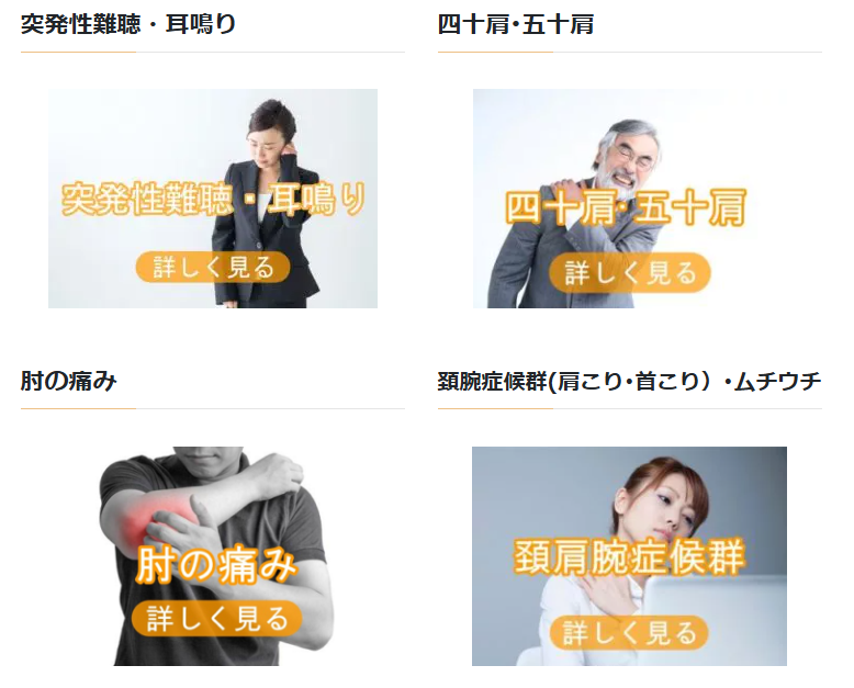 突発性難聴・耳鳴り、四十肩・五十肩、肘の痛み、頚腕症候群・ムチウチの画像